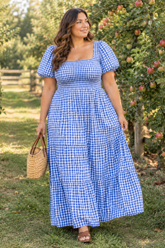 Curvy woman in blue gingham maxi dress 