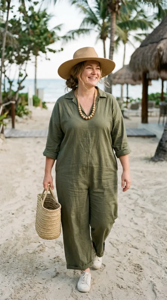 Jumpsuit + Wide-Brim Hat + Sneakers