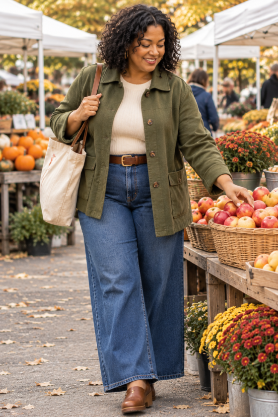 An olive barn jacket and wide-leg denim create relaxed autumn outfits for plus-size women over 40 