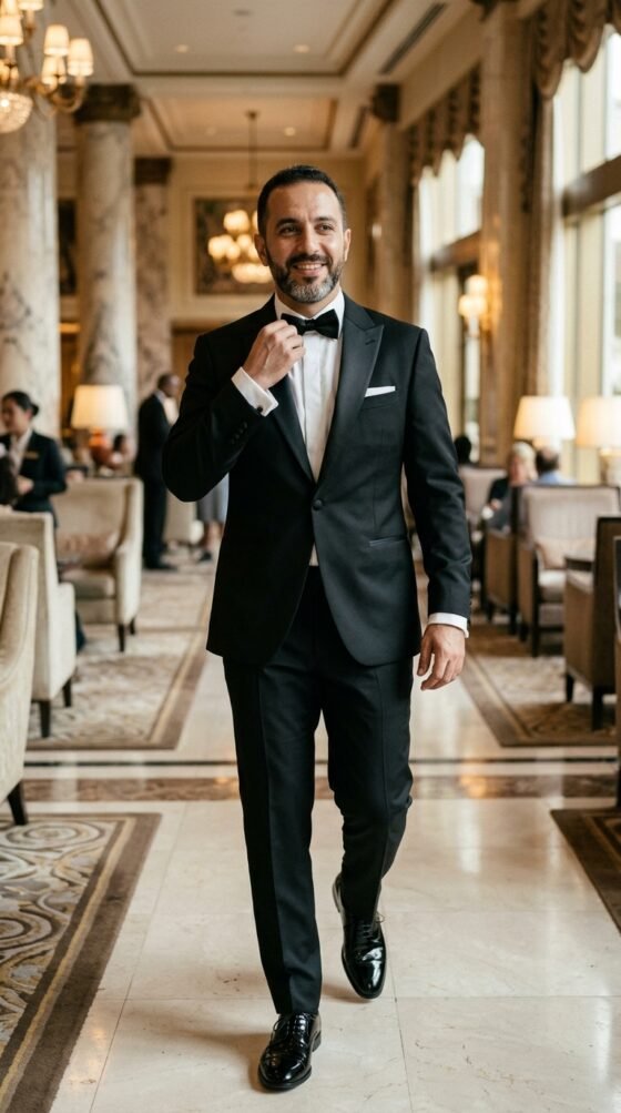 Guy in a black tuxedo with a bow tie, a formal hoco outfit idea for guys