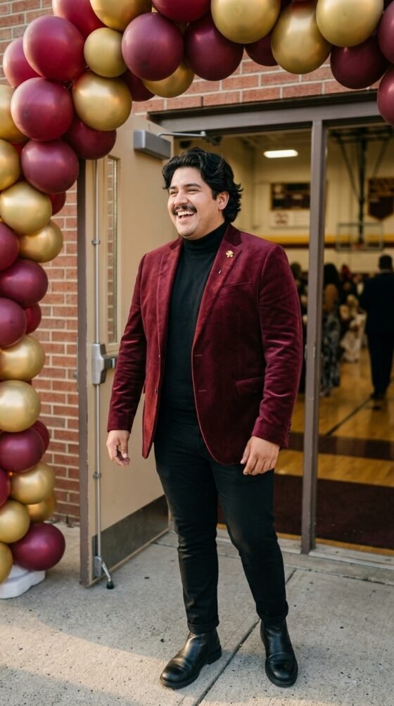 Guy in a burgundy velvet blazer and black boots for a fall hoco dance