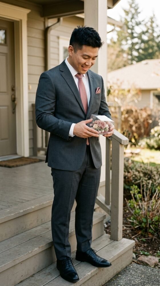 Guy in a charcoal suit with a tie matching his date’s dress for hoco