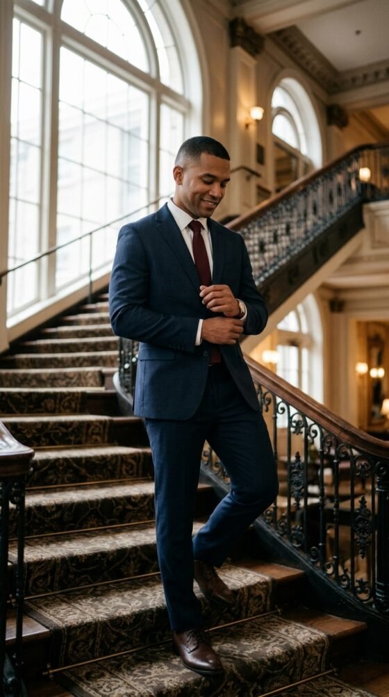 Guy in a navy suit with a burgundy tie, a classic hoco outfit idea for guys