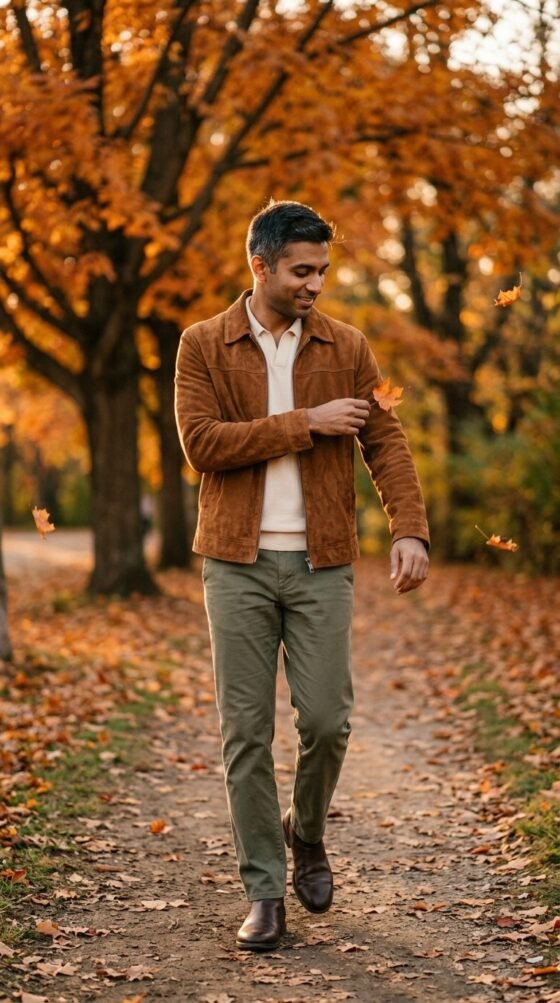 Guy in a suede jacket and cream knit polo, an earthy hoco outfit idea