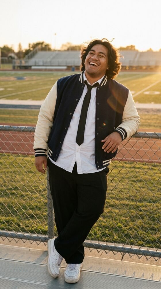 Guy in a varsity jacket and tailored trousers, a sporty-chic hoco outfit