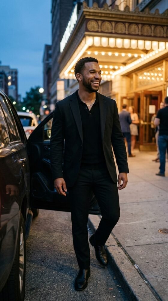Guy wearing an all-black tonal outfit with Chelsea boots for homecoming