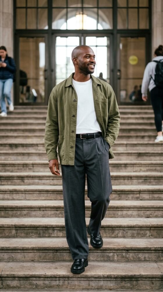 Guy in wide-leg charcoal trousers and an olive overshirt for a hoco danc