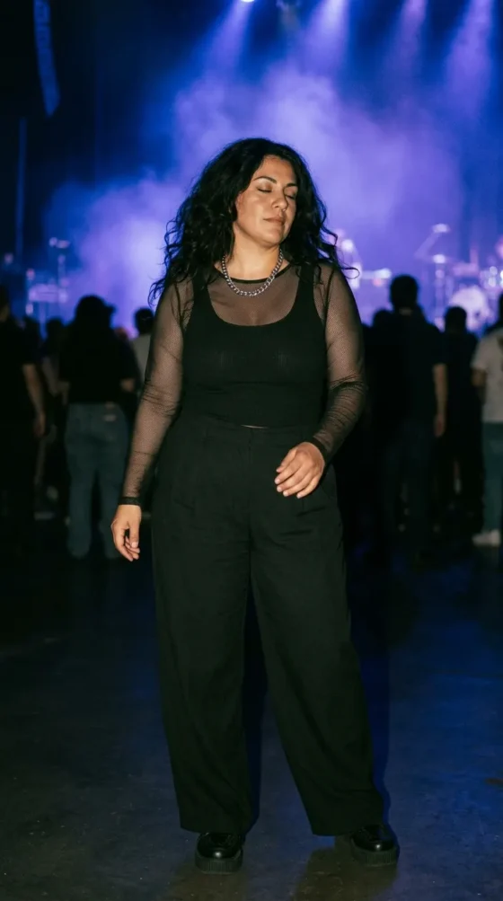 Mesh Top + Tank + Wide Leg Pants + Creepers