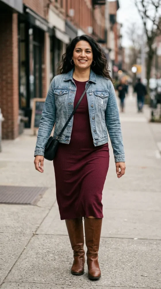 Midi Dress + Denim Jacket + Knee High Boots