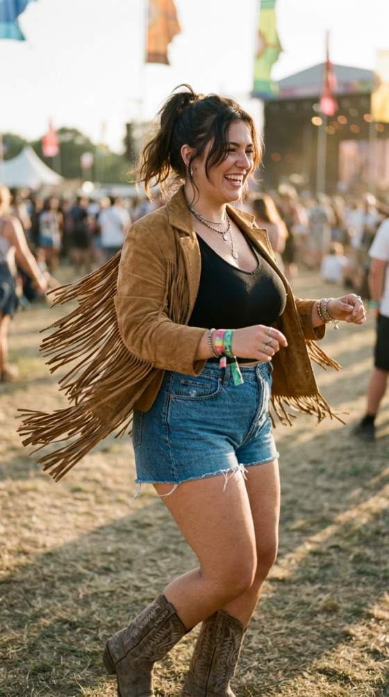 Midsize woman wearing a tan suede fringe jacket and denim shorts at an outdoor festival.