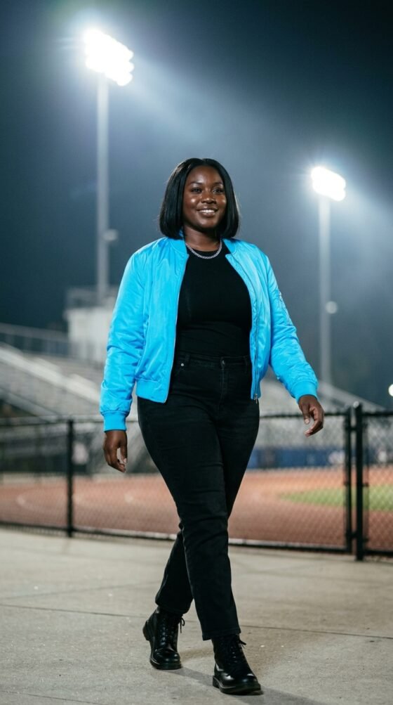 Neon Blue Bomber and Black Jeans