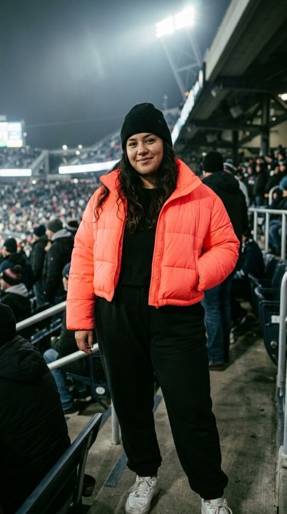 Neon Coral Puffer and Black Joggers