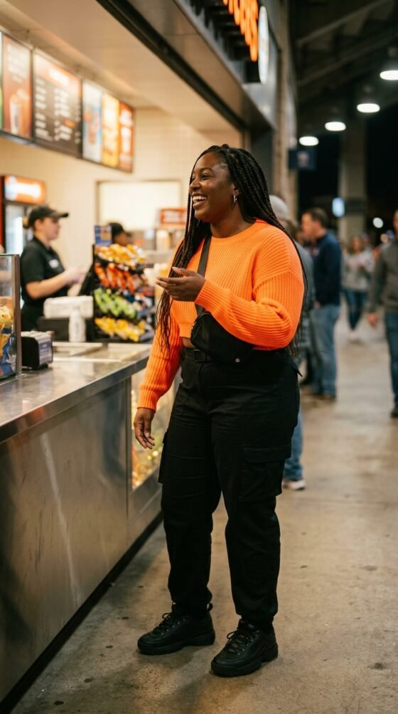 Neon Orange Cropped Sweater and Cargo Pants
