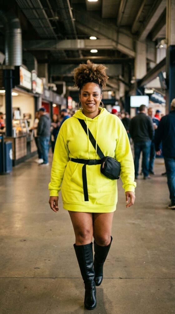 Neon Yellow Hoodie Dress and Tall Boots