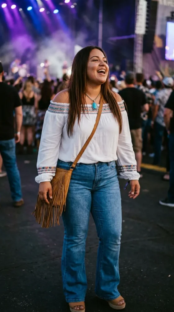 Off Shoulder Blouse + Flare Jeans + Platform Sandals