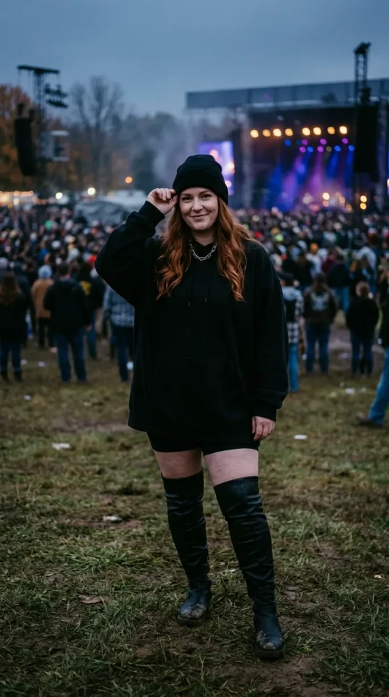 Oversized Hoodie + Bike Shorts + Thigh High Boots