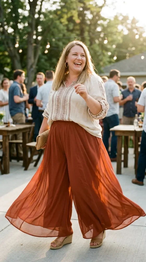 Palazzo Pants + Peasant Top + Wedges