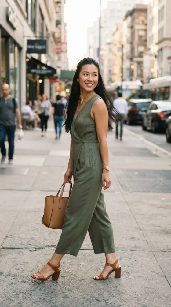 Olive wrap jumpsuit, an easy one-piece summer work outfit for curvy women