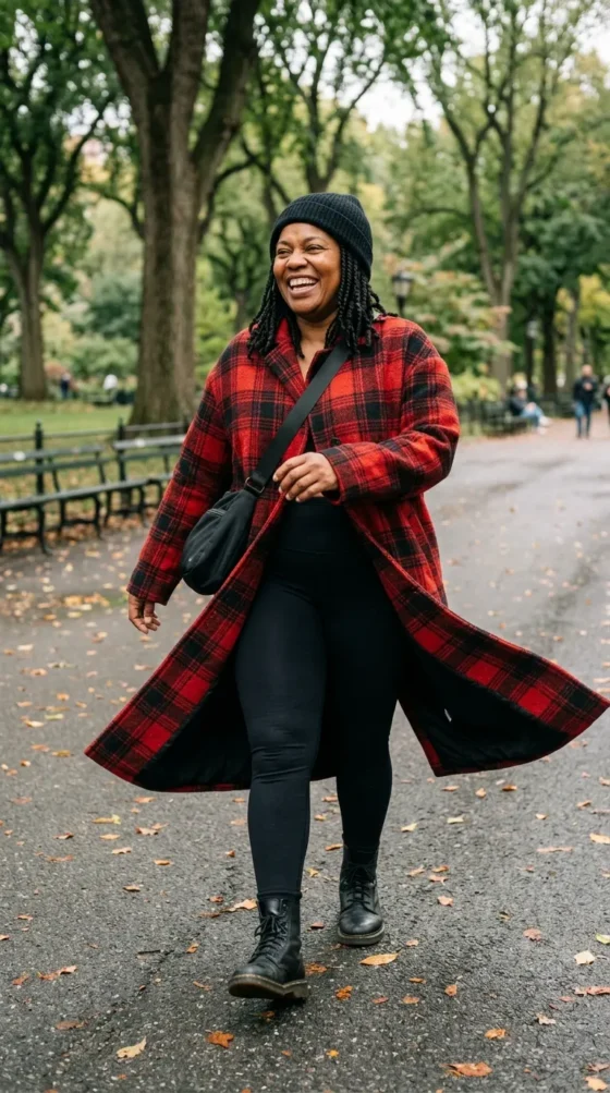 Plaid Coat + Leggings + Combat Boots