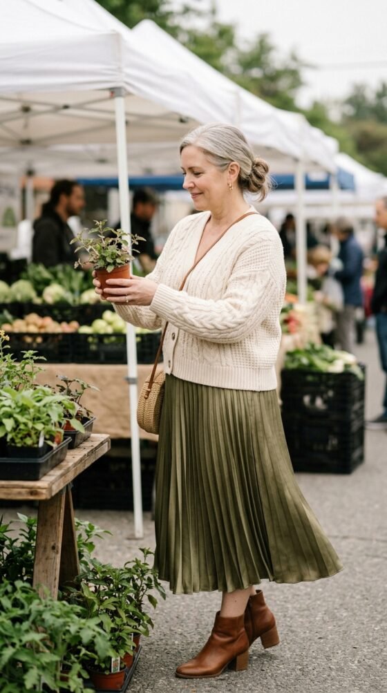 Pleated Midi Skirt and a Chunky Cardigan
