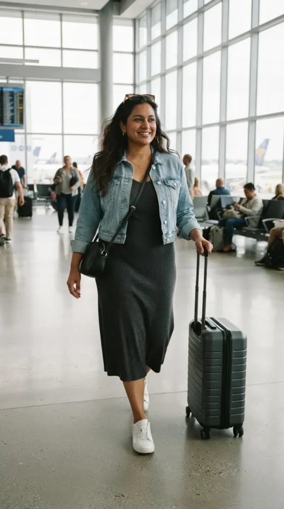 Charcoal ribbed knit midi dress with denim jacket, comfy plus size travel work outfit