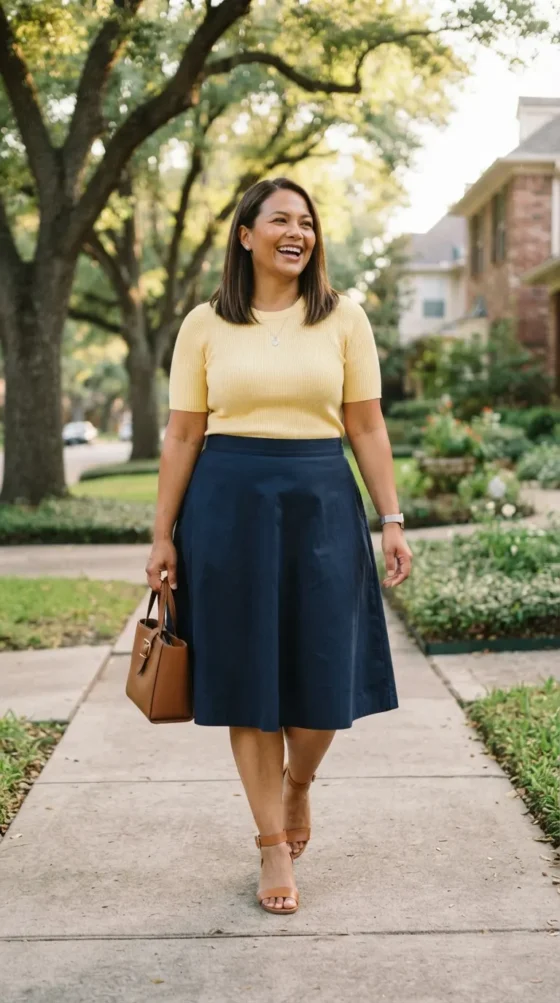 Navy A-line midi skirt with yellow tee, a comfortable plus size summer work outfit