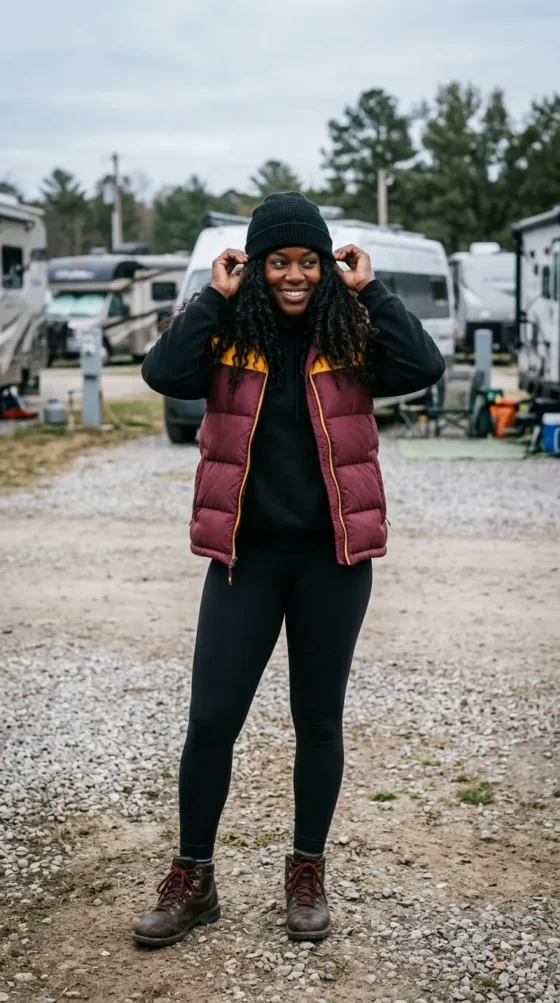 Puffer Vest + Hoodie + Leggings + Hiking Boots