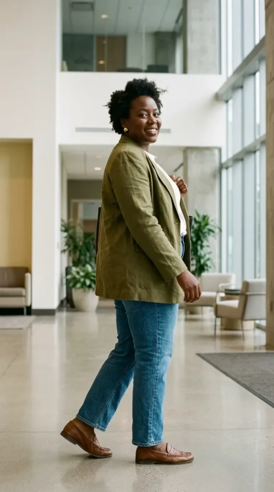 Relaxed Blazer + Straight Jeans + Loafers