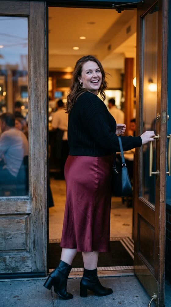 Satin Slip Skirt and Chunky Knit