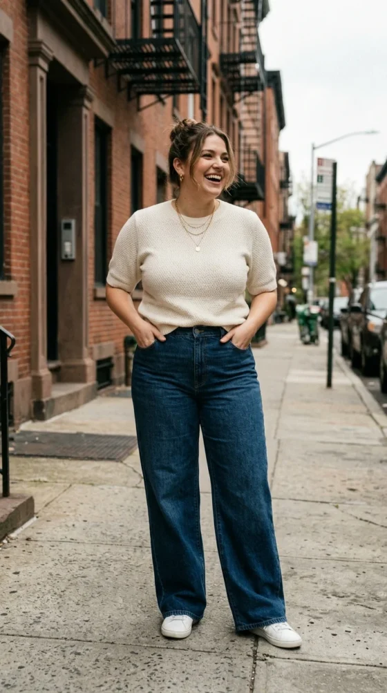 Short Sleeve Sweater & Wide Leg Denim