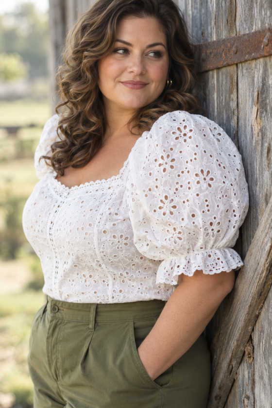 Curvy woman wearing a white eyelet lace blouse and khaki trousers in a rustic garden