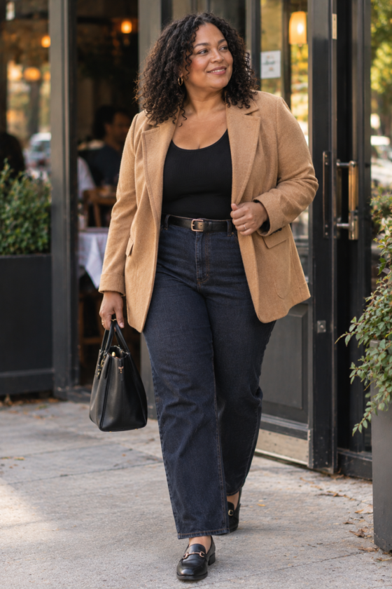 A camel blazer and dark denim create polished autumn outfits for plus-size women over 40.