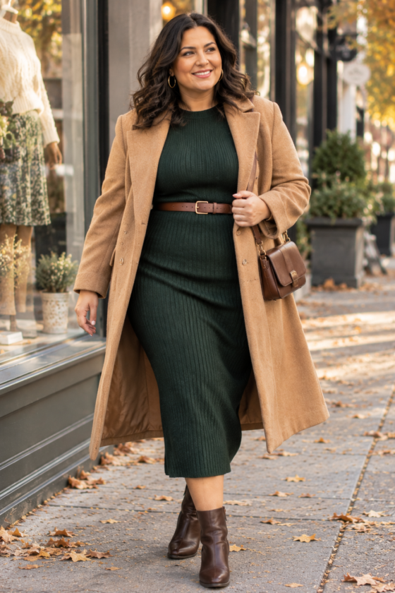 A forest-green knit midi dress with ankle boots creates an easy fall outfit for plus-size women over 40.