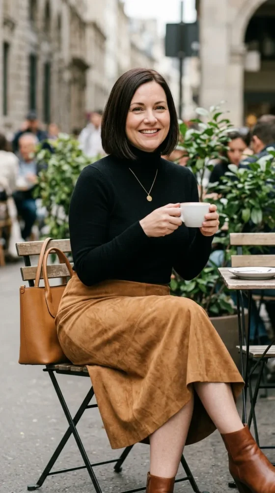 Suede Midi Skirt + Turtleneck + Ankle Boots
