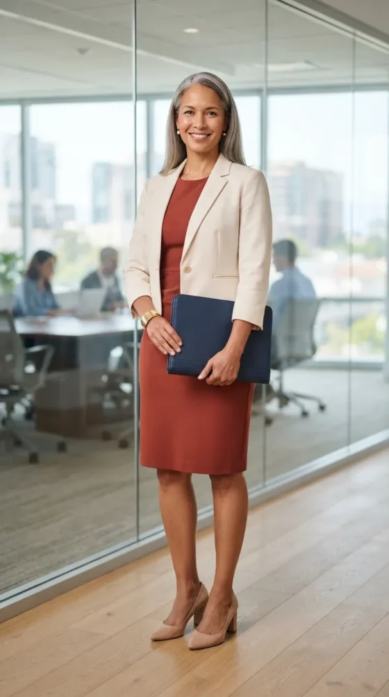 Brick red sheath dress with cream blazer, polished plus size summer office outfit