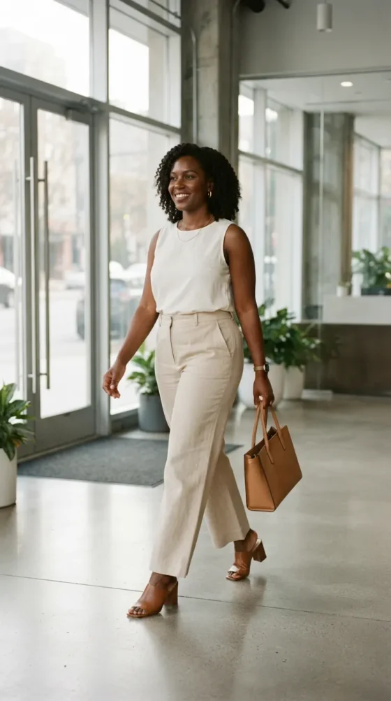 Plus size summer work outfit with ivory shell and sand wide-leg linen trousers