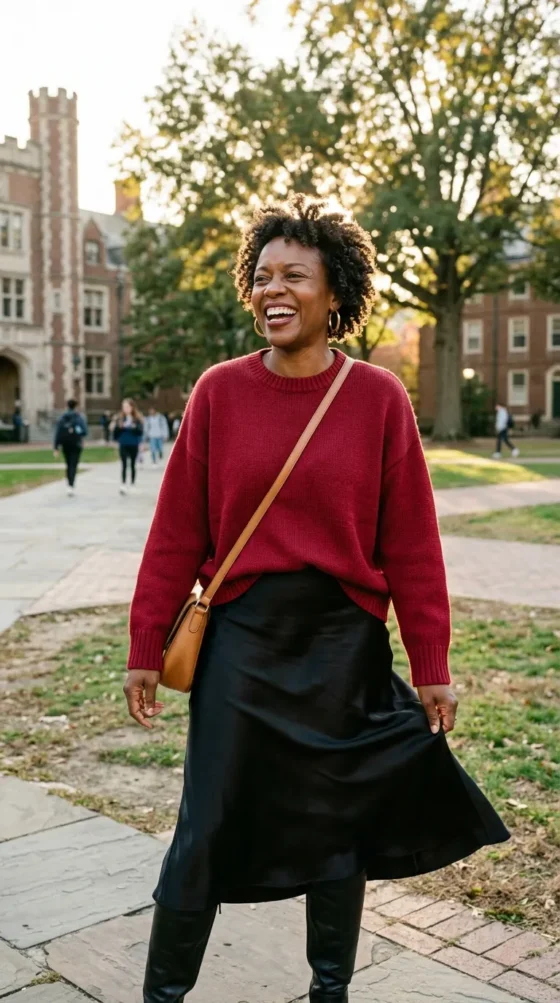 Team Color Sweater + Midi Skirt + Tall Boots