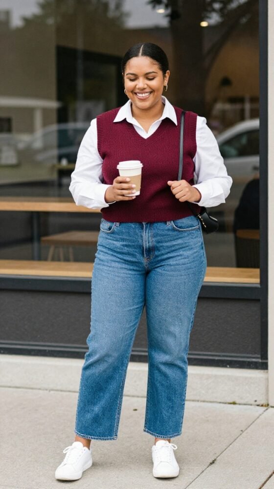 The Campus Coffee Run Sweater Vest and Jeans