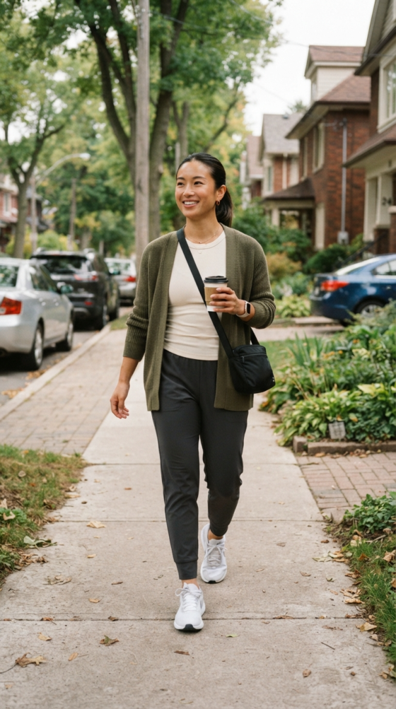 Athletic-curvy woman in charcoal joggers and olive cardigan on a suburban street