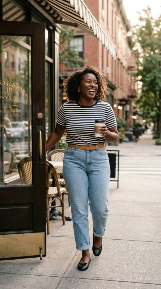 Curvy woman in striped tee, straight jeans and black flats in a spring capsule wardrobe look
