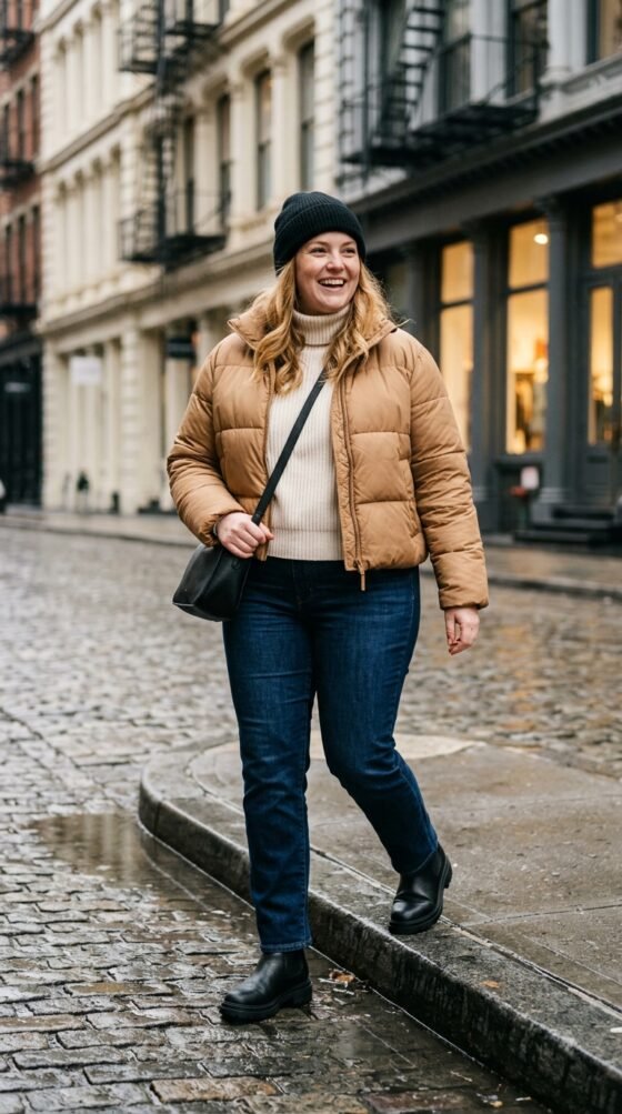 The SoHo Puffer and Straight Jeans