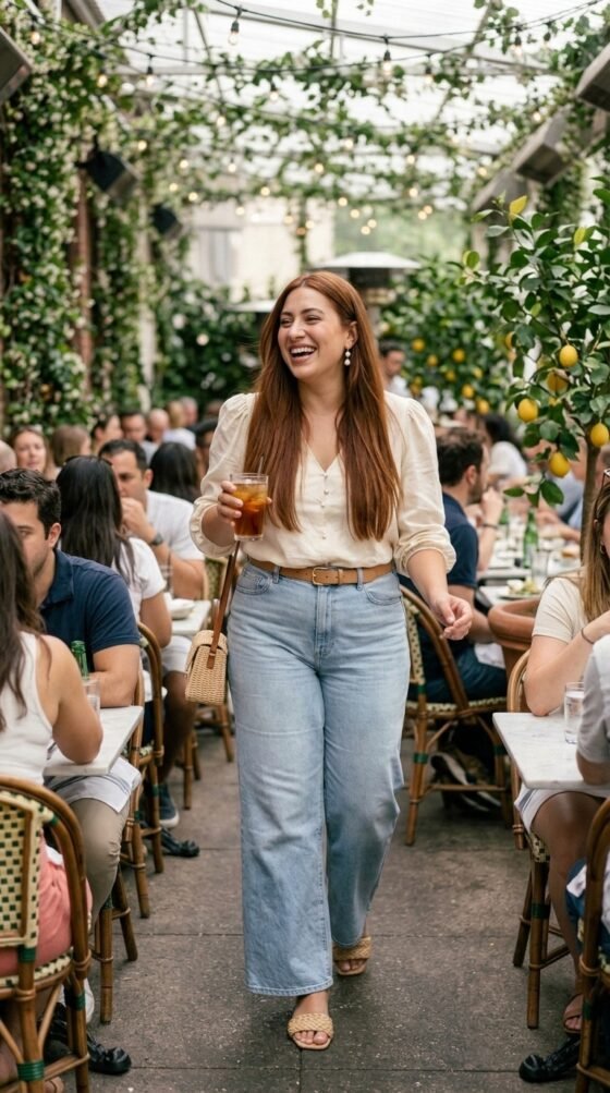 Woman in light-wash wide leg jeans and a cream puff-sleeve blouse at a garden brunch patio