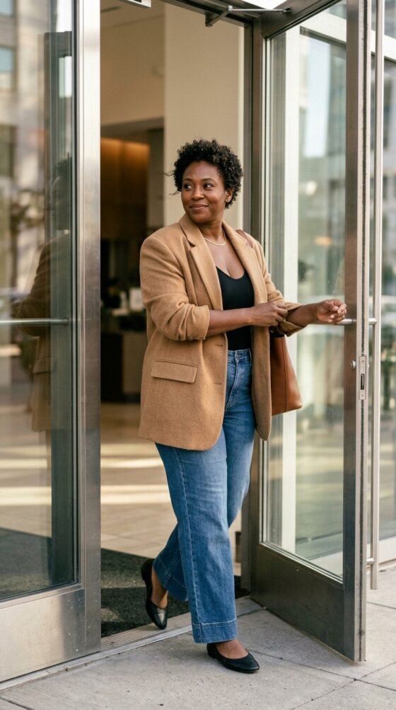 Woman in mid-wash wide leg jeans, camel blazer and black flats entering an office lobby