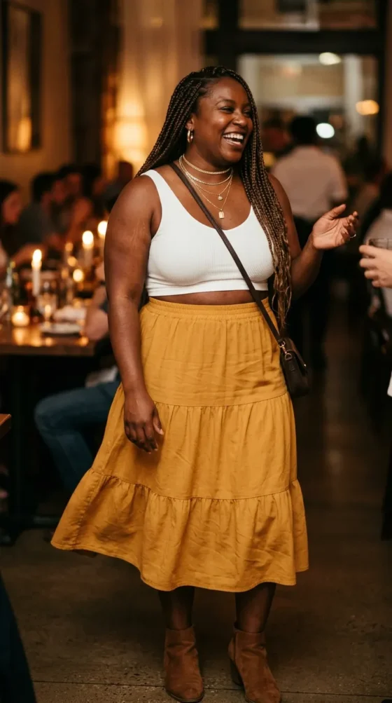Tiered Midi Skirt + Crop Top + Booties