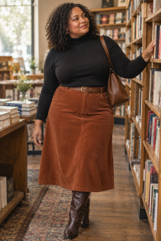 A rust corduroy midi skirt and black turtleneck create textured fall outfits for plus-size women over 40.
