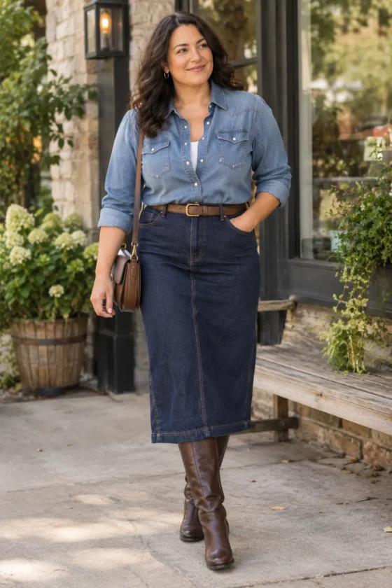 Wear a Western Shirt With a Dark Denim Midi
