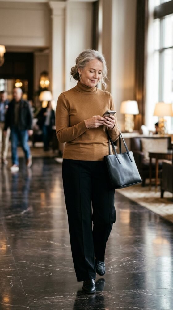 Wide-Leg Trousers and a Fine-Knit Turtleneck