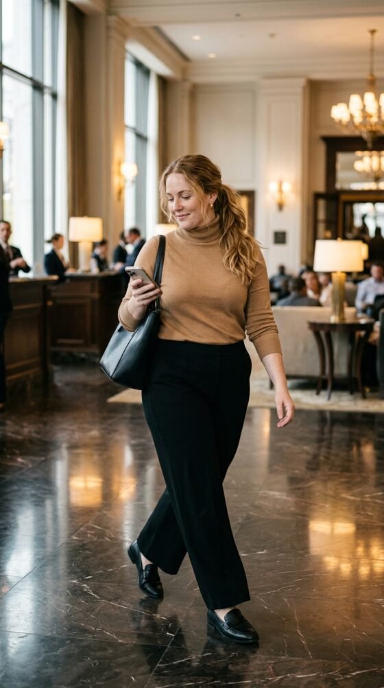 Wide-Leg Trousers and a Fine-Knit Turtleneck