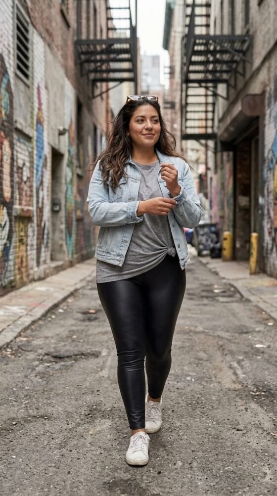 Woman in black faux leather leggings, gray tee and denim jacket by a mural