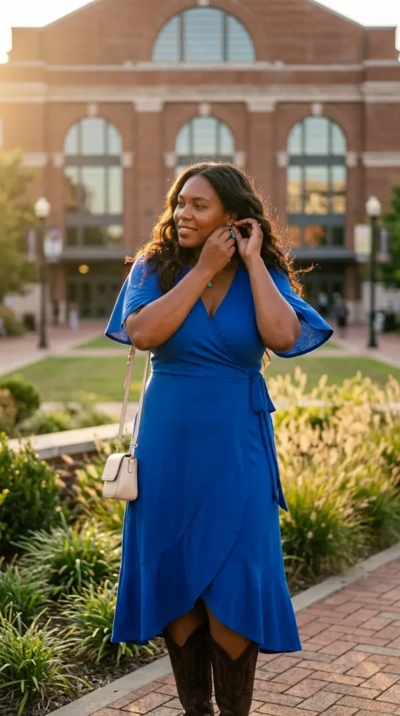 Woman in dusty rose knit top and black faux-leather midi skirt for a Nashville date night